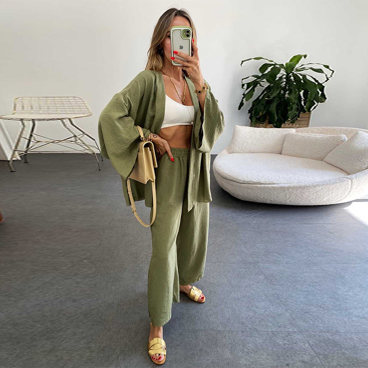2026 Cotton Linen Cardigan & Wide Leg Pants Set