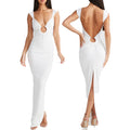 GRMLRPT Sexy Backless Dresses for Women Cut Out Bodycon Maxi Dress Open Back Smocked High Slit Party Long Cocktail Dresses White