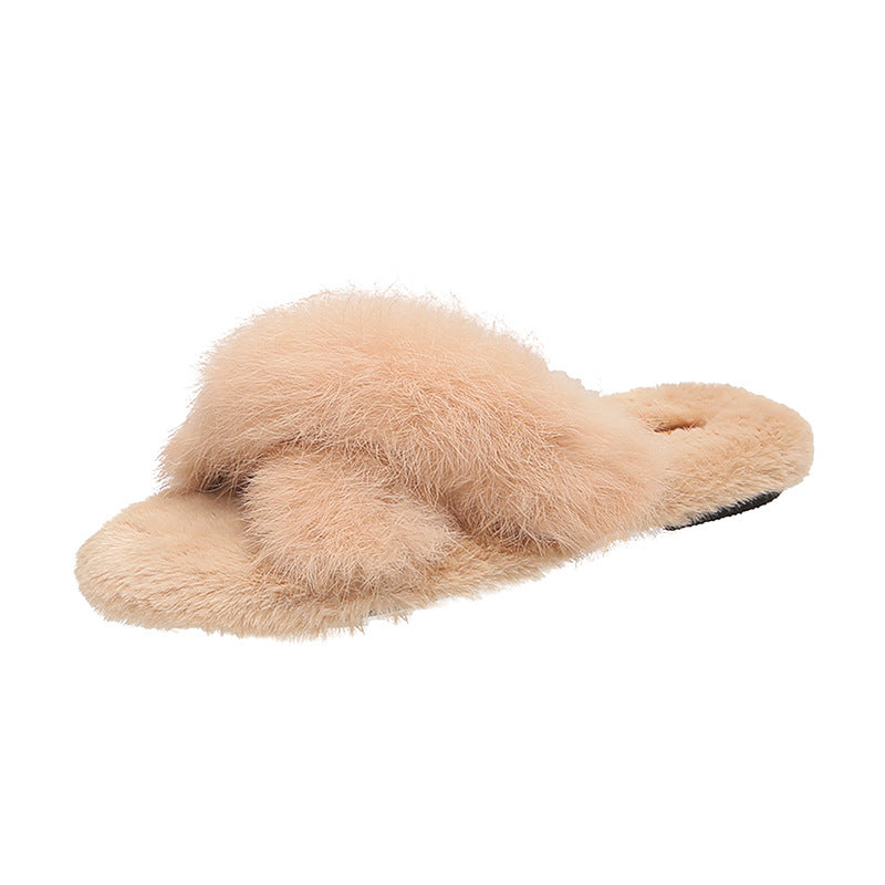 Cross Faux Fur Slippers with Flat Design