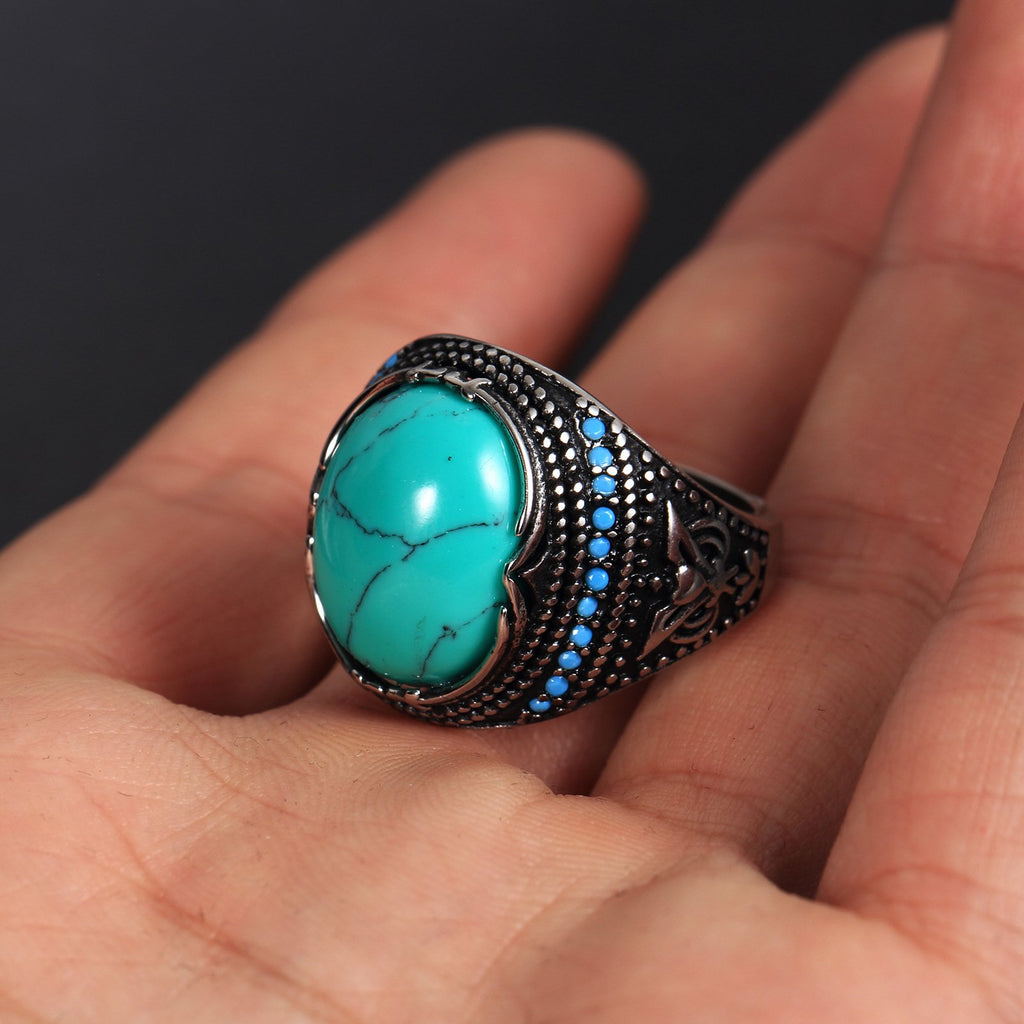 Textured Titanium Steel Turquoise Ring for Men