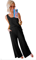 Yellow Crinkled U Neck Tank and Wide Leg Pants Set