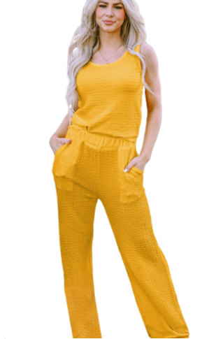 Yellow Crinkled U Neck Tank and Wide Leg Pants Set