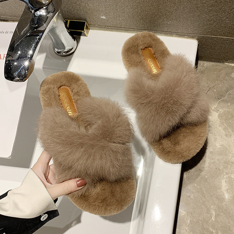 Cross Faux Fur Slippers with Flat Design