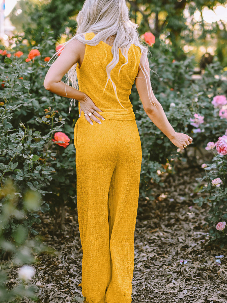 Yellow Crinkled U Neck Tank and Wide Leg Pants Set