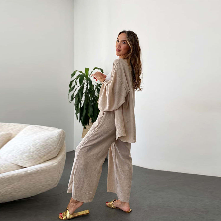 2026 Cotton Linen Cardigan & Wide Leg Pants Set